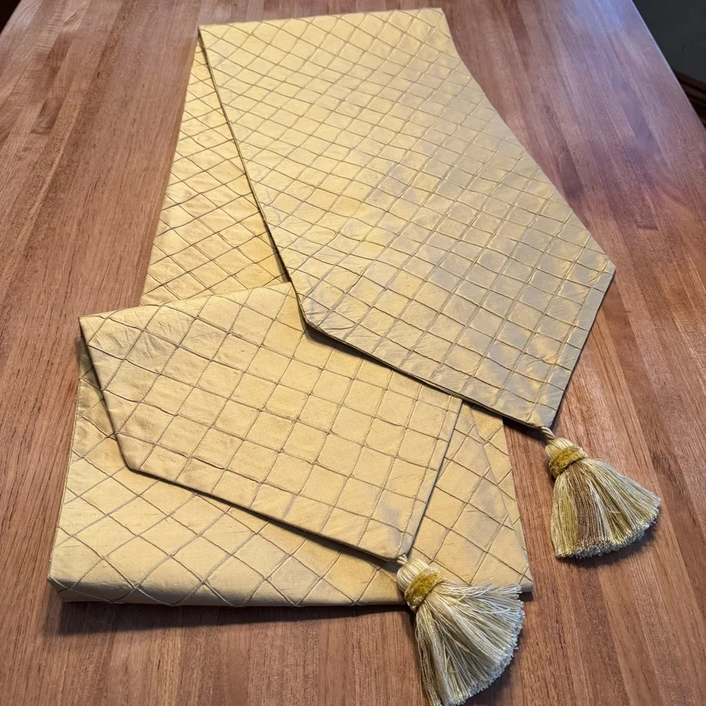 Custom Raw Silk Gold Diamond Stitch Table Runner Tassels 80”